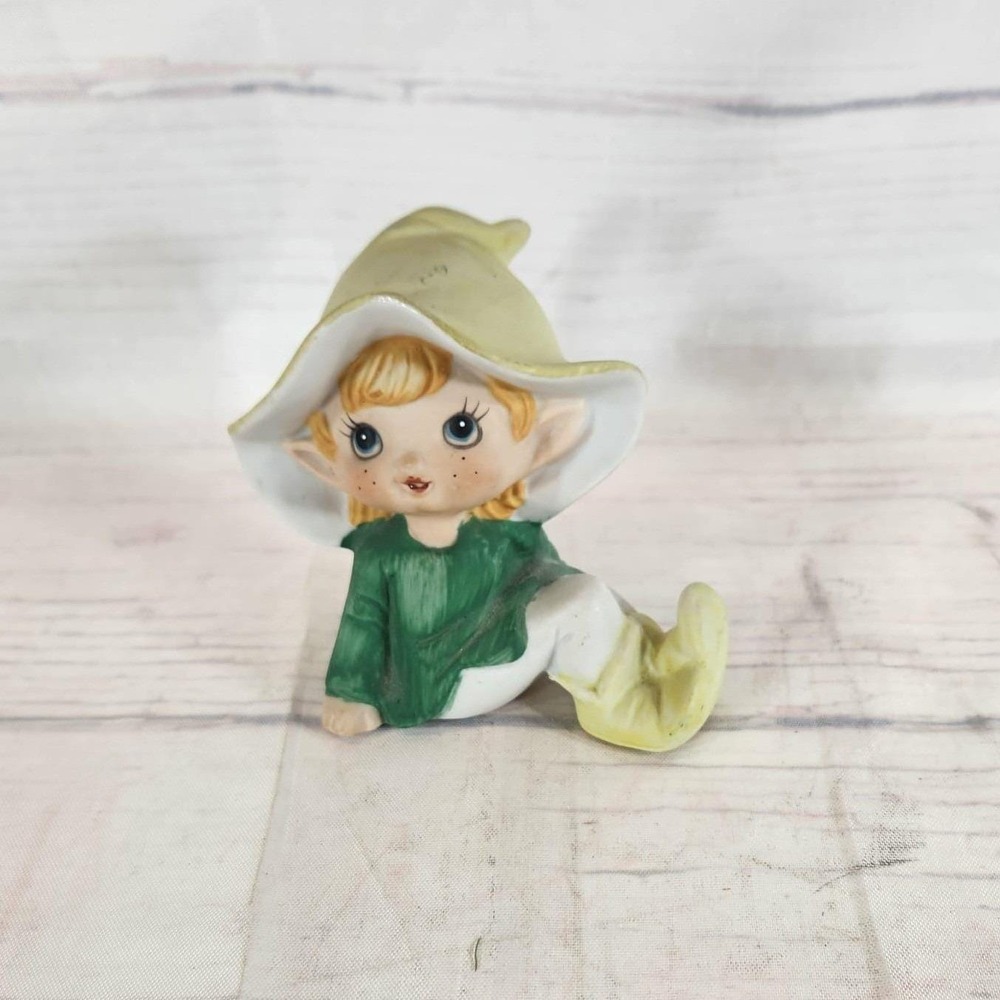Homco Elf‎ Pixie Figurine Green Yellow Vintage Ceramic Fantasy Decor Small Size